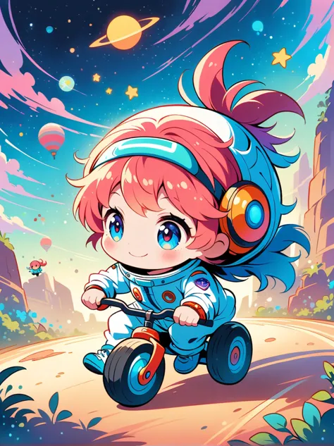 Cartoon graffiti characters，Vector illustration，cinematic film still A visually striking chibi-style astronaut is depicted with ...