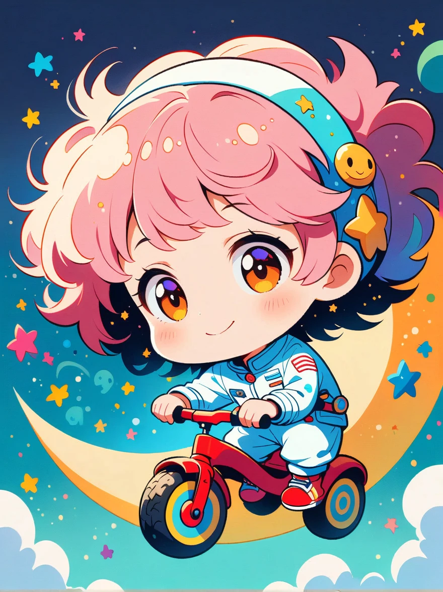 Personagens de desenhos animados de graffiti，Vector ilustração，imagem cinematográfica cinematográfica Um astronauta visualmente impressionante em estilo chibi é retratado com detalhes notáveis, vestindo uma viseira preta e um terno branco com tiras vermelhas. Este adorável herói é capturado andando em um triciclo infantil com pneus grandes e aderentes, explorando a superfície da lua. O fundo mostra uma galáxia encantadora cheia de estrelas e maravilhas cósmicas. Esta obra de arte conceitual mistura anime, fotografia, ilustração, e tipografia para criar um retrato extravagante e imaginativo da exploração espacial，Adicione capricho à cena，1xhsn1