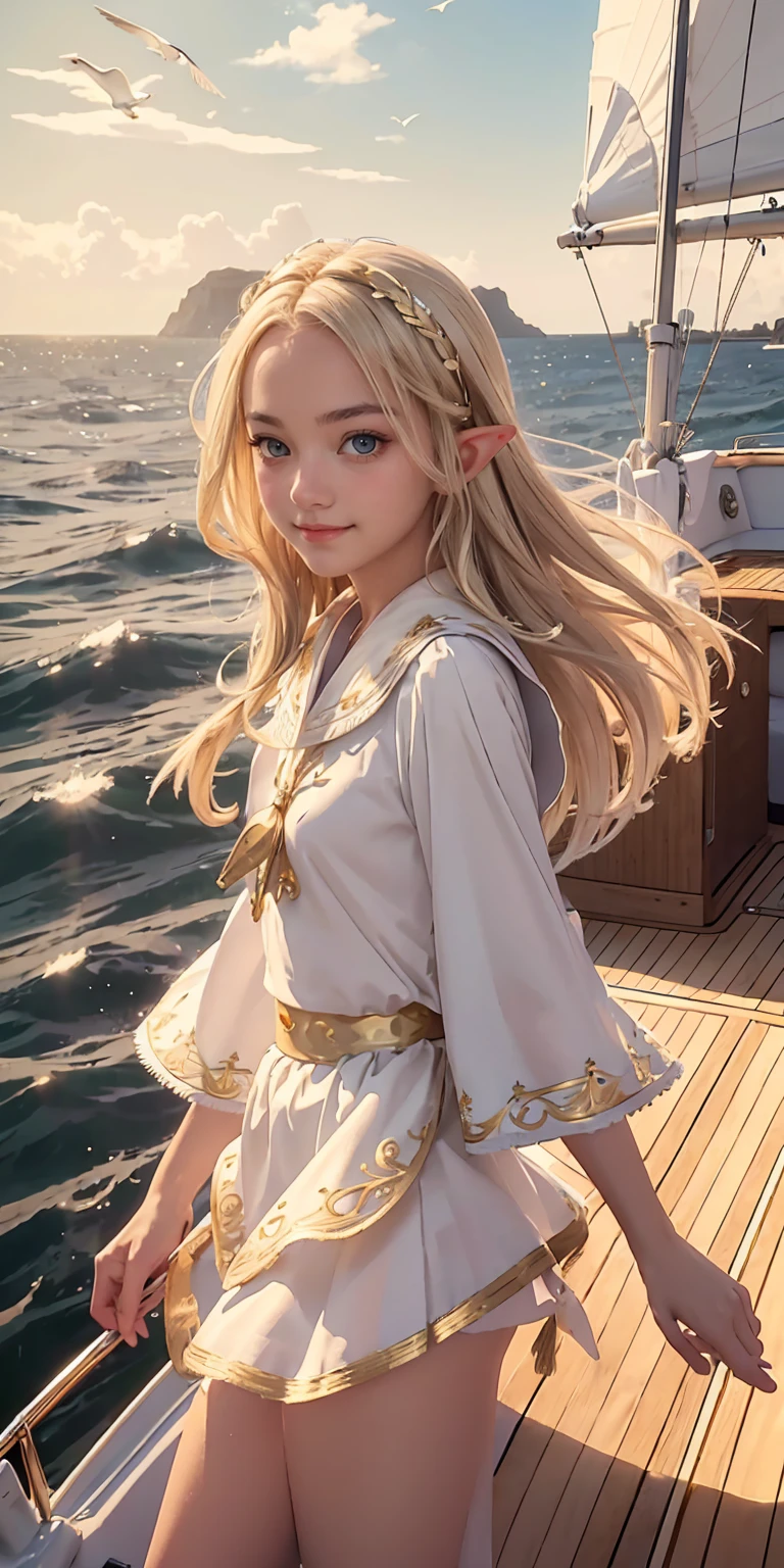 (((masterpiece, best quality, HD, High Detail)))), ((((fantasy))), one, (Elf Woman)))), (White skirt with gold embroidery), (Long straight blond hair), (Lustrous dark green eyes), (White ruffle top with gold embroidery), Large target, (((On the deck of a sailboat at sea)), (Vast Sea))), (Sky with clear clouds)), (( Seagulls flying in the sky)), Smile, (breeze), Flying light particles