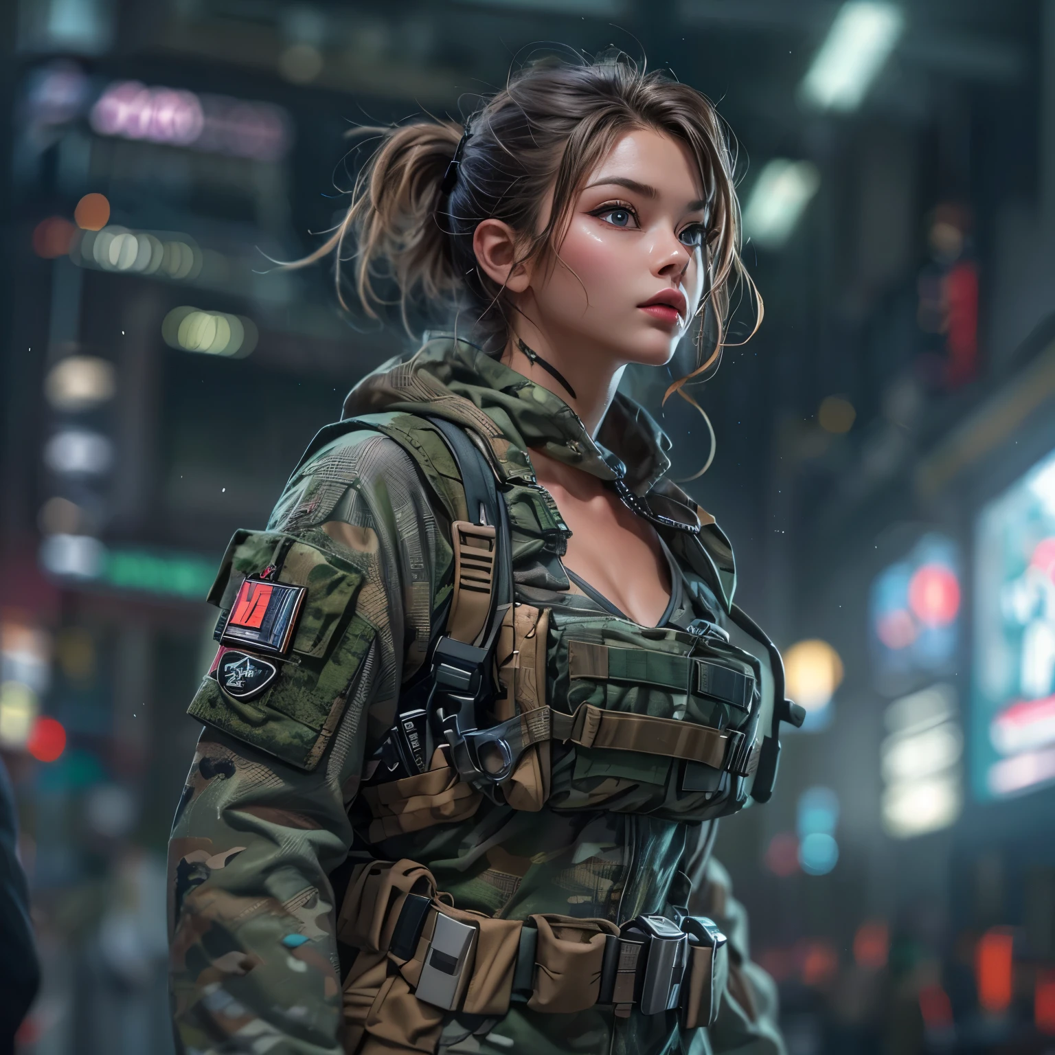 Full body portrait、A beautiful woman in a tight combat uniform、Detailed face and eyes、Beautifully detailed lips、Long eyelashes、A relaxed expression、Bodysuit-like combat clothing、Camouflage:1.5、Very detailed、(highest quality、4K、8k、High resolution、masterpiece:1.2)、Super detailed、(Real、Photorealistic、Photorealistic:1.37)、HDR、uhd、Studio Lighting、Ultra-fine painting、Sharp Focus、Physically Based Rendering、Very detailed depiction、professional、Bright colors、bokeh、Concept Art、cyber punk、Neon Light、Dynamic pose、Dramatic lighting