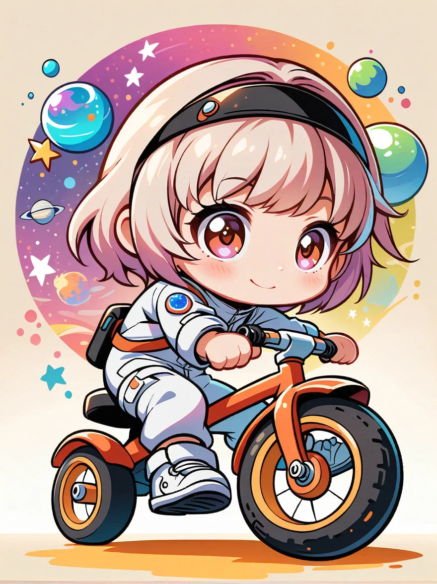 Personnages de graffitis de dessins animés，illustration vectorielle，image cinématographique fixe Un astronaute de style chibi visuellement saisissant est représenté avec des détails remarquables, portant une visière teintée noire et un costume blanc impeccable avec des bretelles rouges. Cet adorable héros est photographié sur un tricycle pour enfant équipé de gros pneus adhérents., explorer la surface de la lune. L&#39;arrière-plan présente une charmante galaxie remplie d&#39;étoiles et de merveilles cosmiques.. Cette œuvre d&#39;art conceptuel mélange l&#39;anime, la photographie, illustration, et typographie pour créer une représentation fantaisiste et imaginative de l&#39;exploration spatiale，Ajoutez de la fantaisie à la scène，1xhsn1