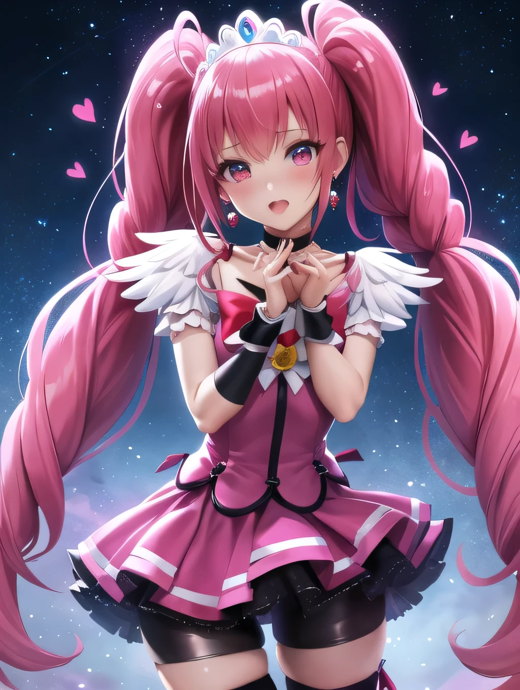 masterpiece, best quality
1girl, cure prism, pink hair, long hair, side braid, black ascot, black boots, elbow gloves, hair ribbon, earrings, layered skirt, heart ahoge, 
gradient_background, best quality, ultra-detail, masterpiece, anime,skirt. tiara, wrist cuffs, (black shorts), black shorts under skirt, boots, (glossy fabric), cowboy shot, black gemstones, standing, blush, (beautiful detailed eyes), extra detailed face, perfect lighting, extremely details CG, (perfect hands, perfect anatomy), shiny material, a blue ribbon, jewelry, latex shine,red eye,dark orla,straight hair,black wing,black frildress,long skirt ,Dramatic Pose,Magical girl,Night sky background