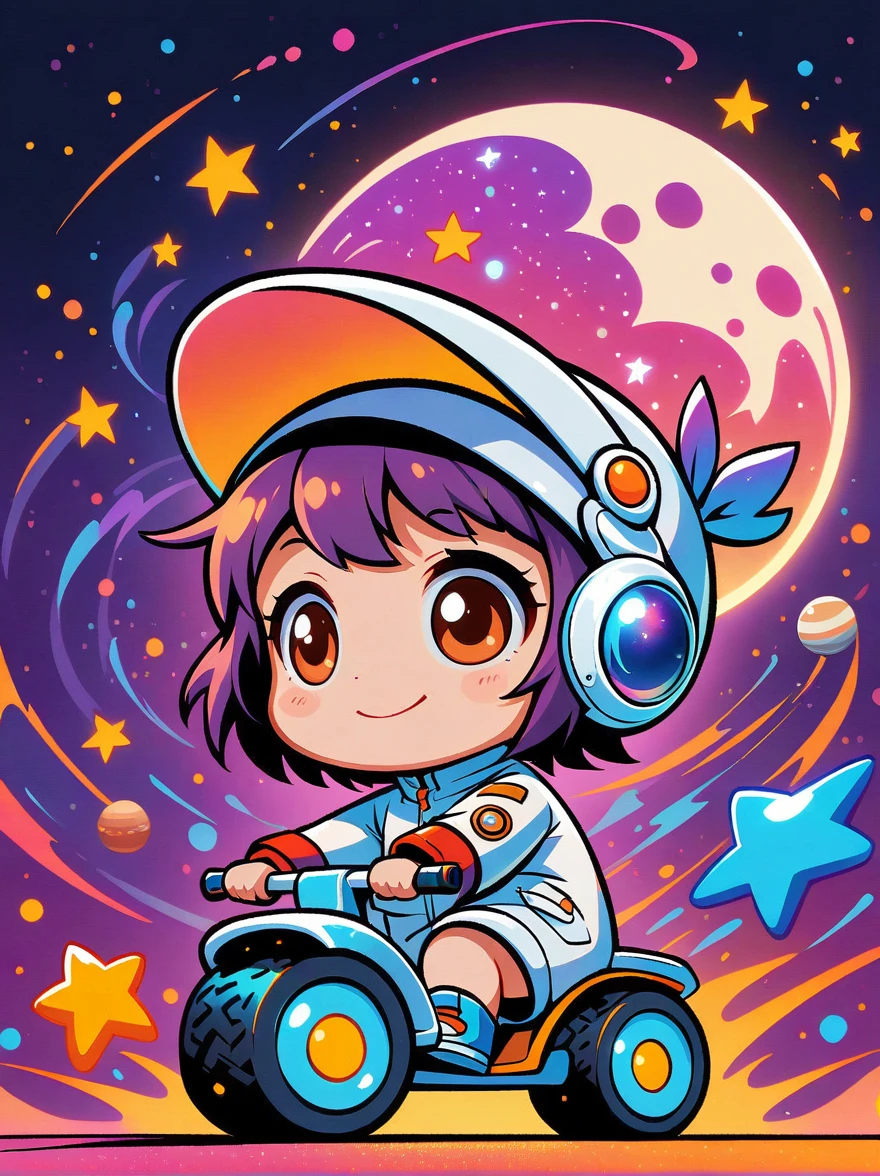 Personagens de desenhos animados de graffiti，Vector ilustração，imagem cinematográfica cinematográfica Um astronauta visualmente impressionante em estilo chibi é retratado com detalhes notáveis, vestindo uma viseira preta e um terno branco com tiras vermelhas. Este adorável herói é capturado andando em um triciclo infantil com pneus grandes e aderentes, explorando a superfície da lua. O fundo mostra uma galáxia encantadora cheia de estrelas e maravilhas cósmicas. Esta obra de arte conceitual mistura anime, fotografia, ilustração, e tipografia para criar um retrato extravagante e imaginativo da exploração espacial，Adicione capricho à cena，1xhsn1