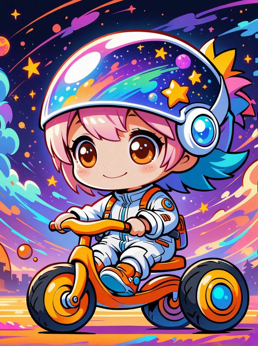 Personagens de desenhos animados de graffiti，Vector ilustração，imagem cinematográfica cinematográfica Um astronauta visualmente impressionante em estilo chibi é retratado com detalhes notáveis, vestindo uma viseira preta e um terno branco com tiras vermelhas. Este adorável herói é capturado andando em um triciclo infantil com pneus grandes e aderentes, explorando a superfície da lua. O fundo mostra uma galáxia encantadora cheia de estrelas e maravilhas cósmicas. Esta obra de arte conceitual mistura anime, fotografia, ilustração, e tipografia para criar um retrato extravagante e imaginativo da exploração espacial，Adicione capricho à cena，1xhsn1