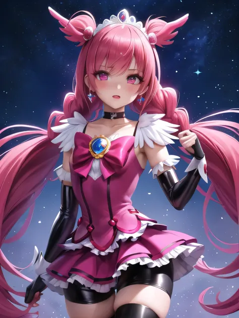 masterpiece, best quality
1girl, cure prism, pink hair, long hair, side braid, black ascot, black boots, elbow gloves, hair ribb...