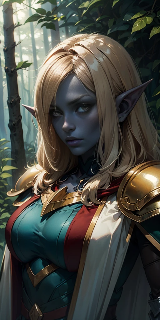 masterpiece, best quality, CG, wallpaper, HDR, high quality, high-definition, extremely detailed, drow, colored skin, dark elf, blue skin, grey skin, pointy ears, cape, armor, looking at viewer, 1girl, forest, dark forest, mythical forest, dimmed light, brown eyes, long hair, chibi