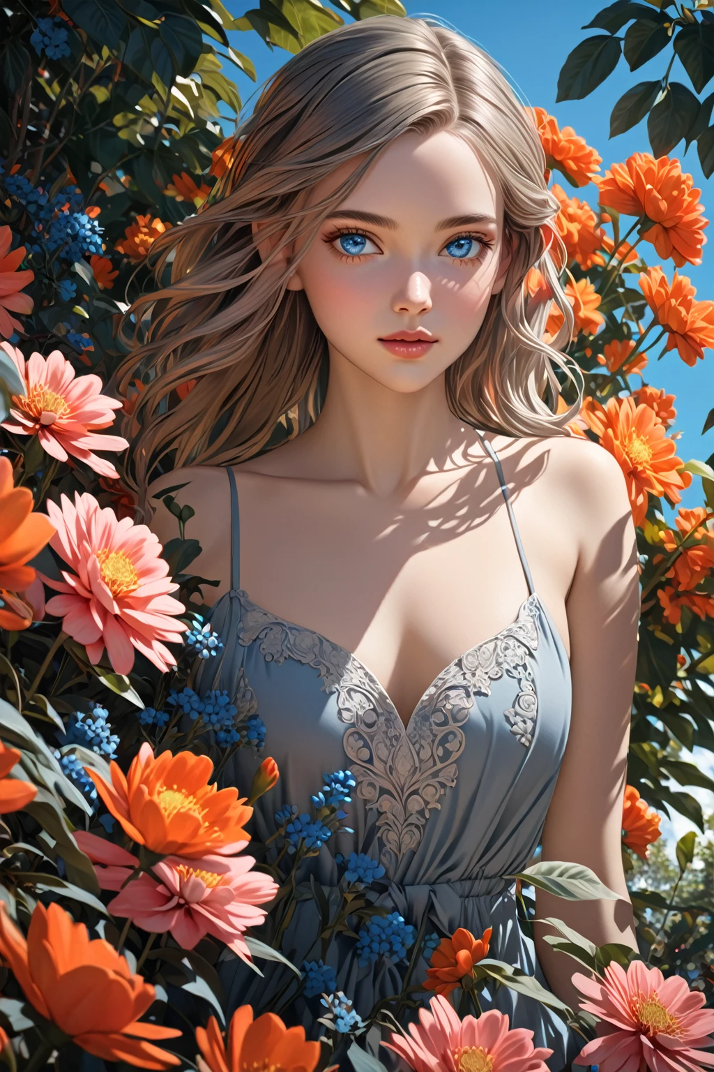 a beautiful girl in a lush garden, vibrant blue sky, red and orange flowers, detailed face and eyes, volumetric lighting, intricate details, photorealistic, high definition, masterpiece, professional digital art, cinematic color palette, using a palette of light pink, muted blue, dark grayish blue, bright blue, very dark gray, and light grayish blue