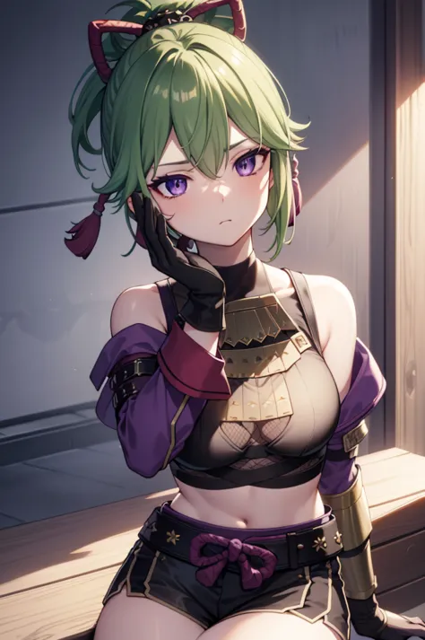 tolerate, kuki tolerate, green hair, hair between eyes, ponytail, short hair, (purple eyes:1.1),
rest armor, bare shoulders, bla...