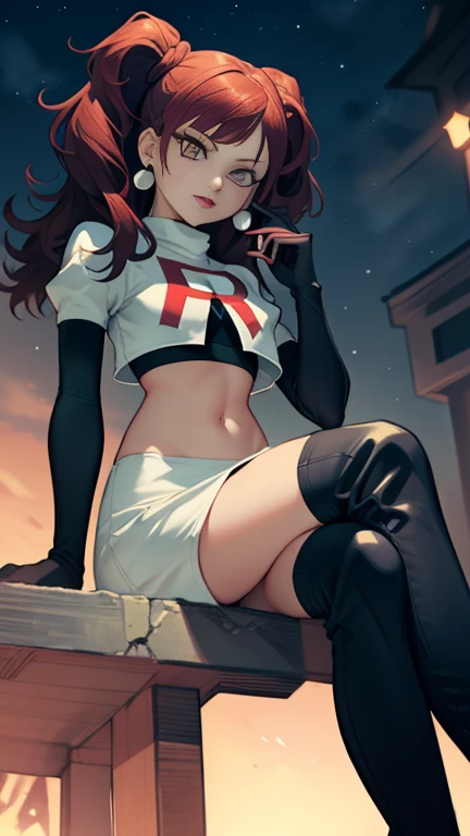 Rise Kujikawa (Persona) ,earrings ,lipstick, eye shadow ,team rocket uniform, red letter R, white skirt,white crop top,black thigh-high boots, black elbow gloves, evil villianess look, looking down on viewer, sitting ,crossed legged, night sky background