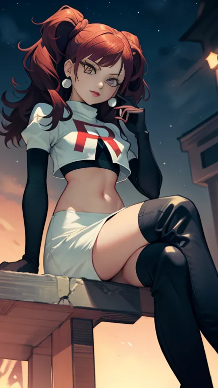 rise kujikawa (persona) ,earrings ,lipstick, eye shadow ,team rocket uniform, red letter r, white skirt,white crop top,black thi...