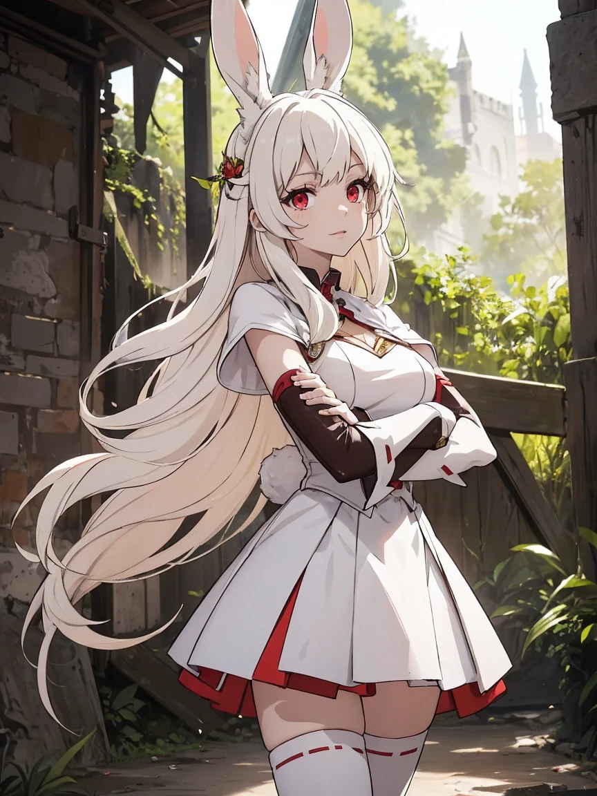 a rabbit girl happy in the ruins, (rabbit girl)(best quality,high resolution, masterpiece:1.2), female focus, (one girl:1.5), (free hands), beautiful eyes, (white hair:1), detailed eyes, (rabbit ears), (red eyes:1.2), white cloak, happy, fleshy lips, hair ornament, leather armor, Clothes made of tanned leather, detached sleeves, wrist guard, white thighhighs, shin guards, perfect quality, good quality, masterpiece, (arms crossed1.2), Prepare-se para mergulhar em um mundo onde a beleza e o artesanato se fundem perfeitamente, anatomically correct. ultra nitidez