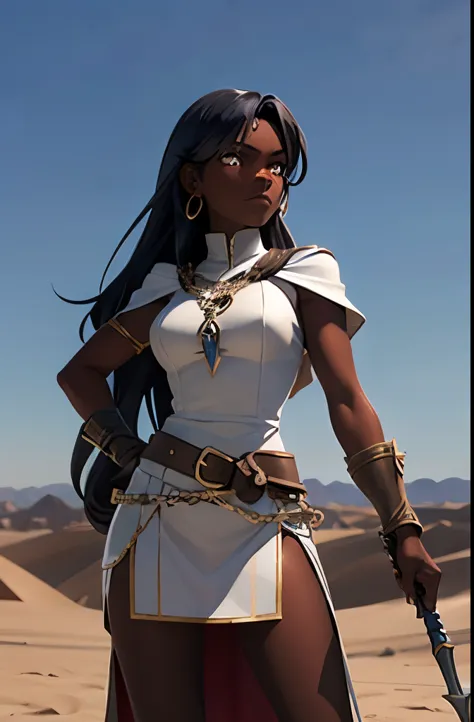 silky hair, female soldier, chain mail, chain mail skirt, spear weapon, lustrous dark skin, desert scenario