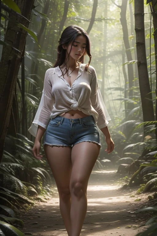 In the dappled sunlight of the forest, a young woman with a curvaceous figure strides confidently, her white linen top shirt clinging to her well-defined frame. The cedar fabric caresses her toned, feminine legs, which are encased in snug mini jeans shorts that accentuate her exposed thighs. Her legs gleam with a natural tan, acquired from countless hours spent basking in the sun's warmth.

The forest around her is alive with the sound of birds chirping and leaves rustling in the gentle breeze. She walks with ease, her feet sinking slightly into the soft earth beneath her. Her gait is graceful, a testament to