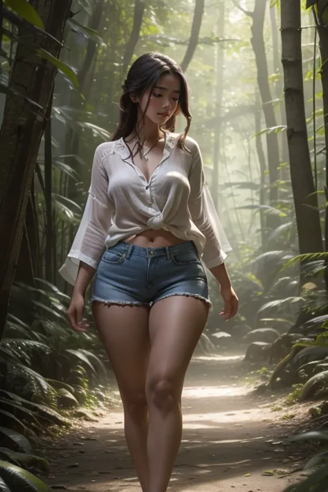 In the dappled sunlight of the forest, a young woman with a curvaceous figure strides confidently, her white linen top shirt cli...