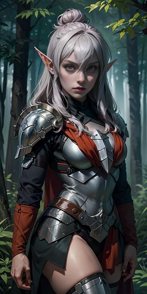 masterpiece, best quality, CG, wallpaper, HDR, high quality, high-definition, extremely detailed, drow, colored skin, dark elf, blue skin, grey skin, pointy ears, cape, armor, looking at viewer, 1girl, forest, dark forest, mythical forest, dimmed light, brown eyes, long hair, chibi