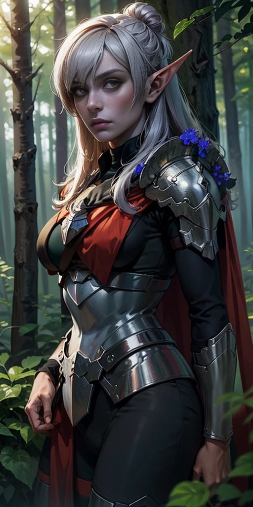 masterpiece, best quality, CG, wallpaper, HDR, high quality, high-definition, extremely detailed, drow, colored skin, dark elf, blue skin, grey skin, pointy ears, cape, armor, looking at viewer, 1girl, forest, dark forest, mythical forest, dimmed light, brown eyes, long hair, chibi