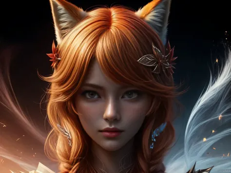 (Best quality, 8K, masterpiece, HDR, soft lighting, picture perfect, realistic, vibrant), foxgirl with red hair and little fox l...