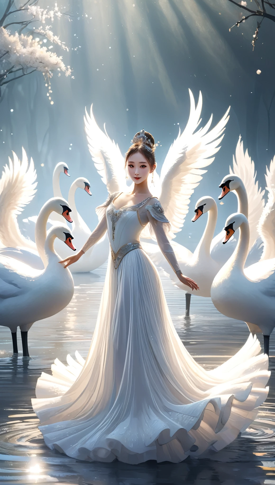 title:The Epochal Swan Transcendent Ballet - 8K Grand Masterpiece for Atmospheric and Vast Scenes Description: A flock of swans cleverly disguised as humans、In a sacred Sunday ceremony、Despite the confusion, they perform an exquisite and graceful dance.。The intricate costumes decorated with intricate patterns、Sparkling in the sun、Gives the image the illusion of depth and complexity。The soft, flowing fabric floats with the breeze.、Adds a captivating aura。The dance is complicated and full of costumes.、The result is the best image