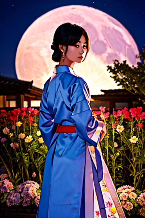 highest quality, expensive_solve, clear_image, Detailed Background ,girl, hanbok,flower,garden,moon, night,