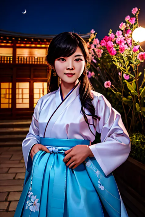 highest quality, expensive_solve, clear_image, detailed background ,girl, hanbok,flower,garden,moon, night,