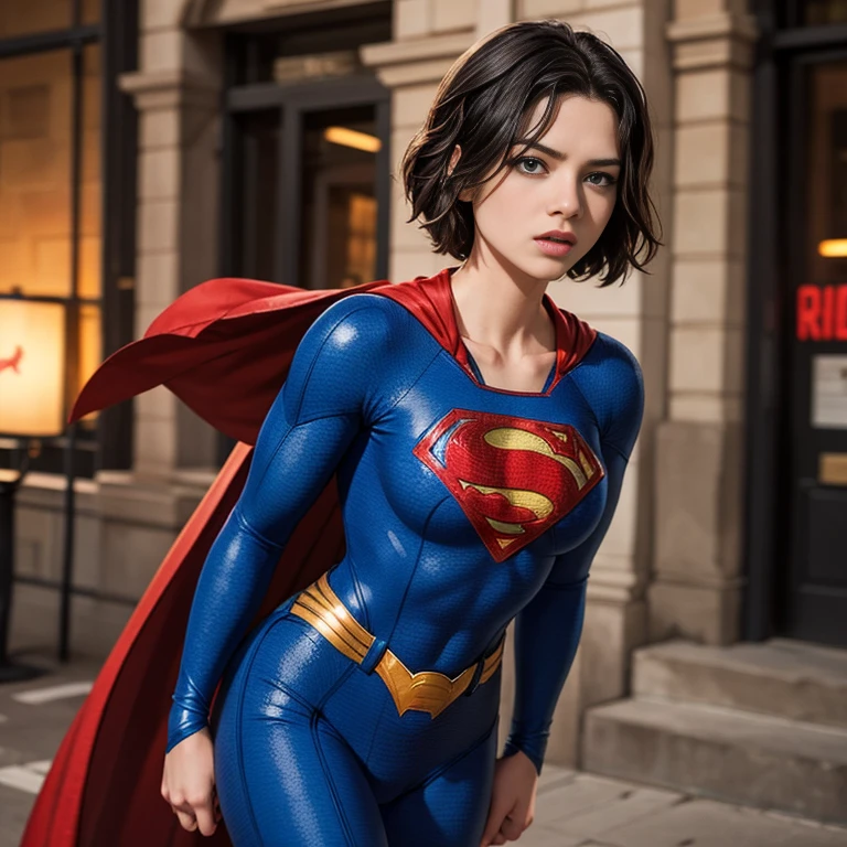 solo, 1girl, Femlander, supergirl, black hair, pixie haircut, blue eyes, blue bodysuit, long sleeves, red cape, red gloves, belt,