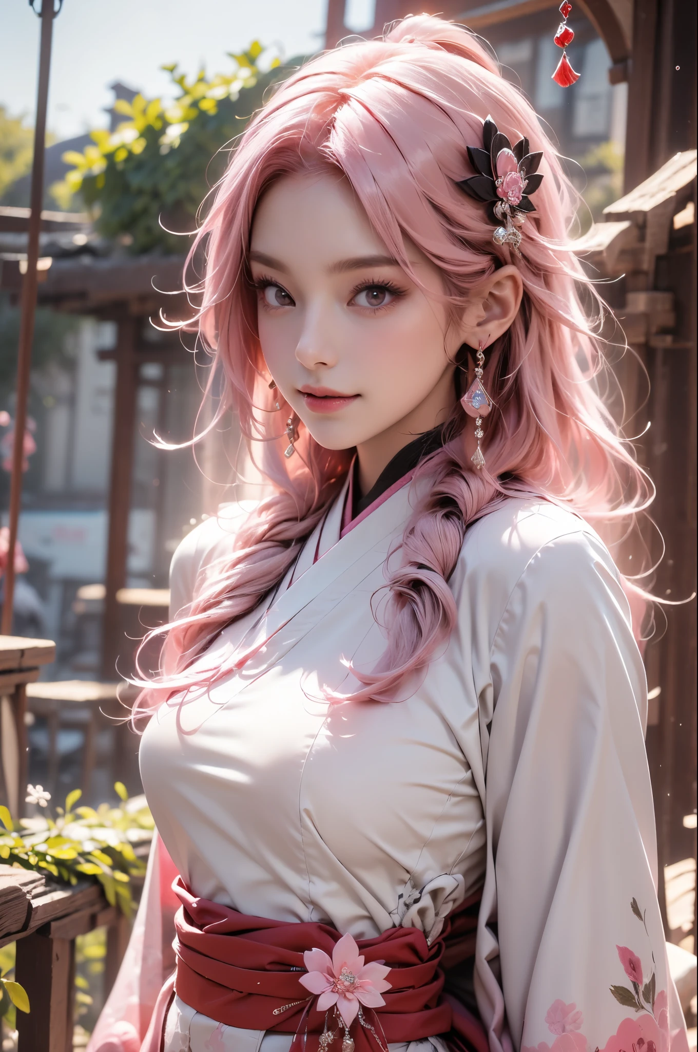 (face lighting:0.8),bright backlight,super high resolution,best quality,Photos,4k,(Realistic:1.2), shenzi,1girl,long hair,(pink hair:1.2),purple eyes,(very long hair:1.4),look at the audience,separated sleeves,jewelry,wide_sleeves,(hair_ornament:1.4),thigh,pink kimono,smile,