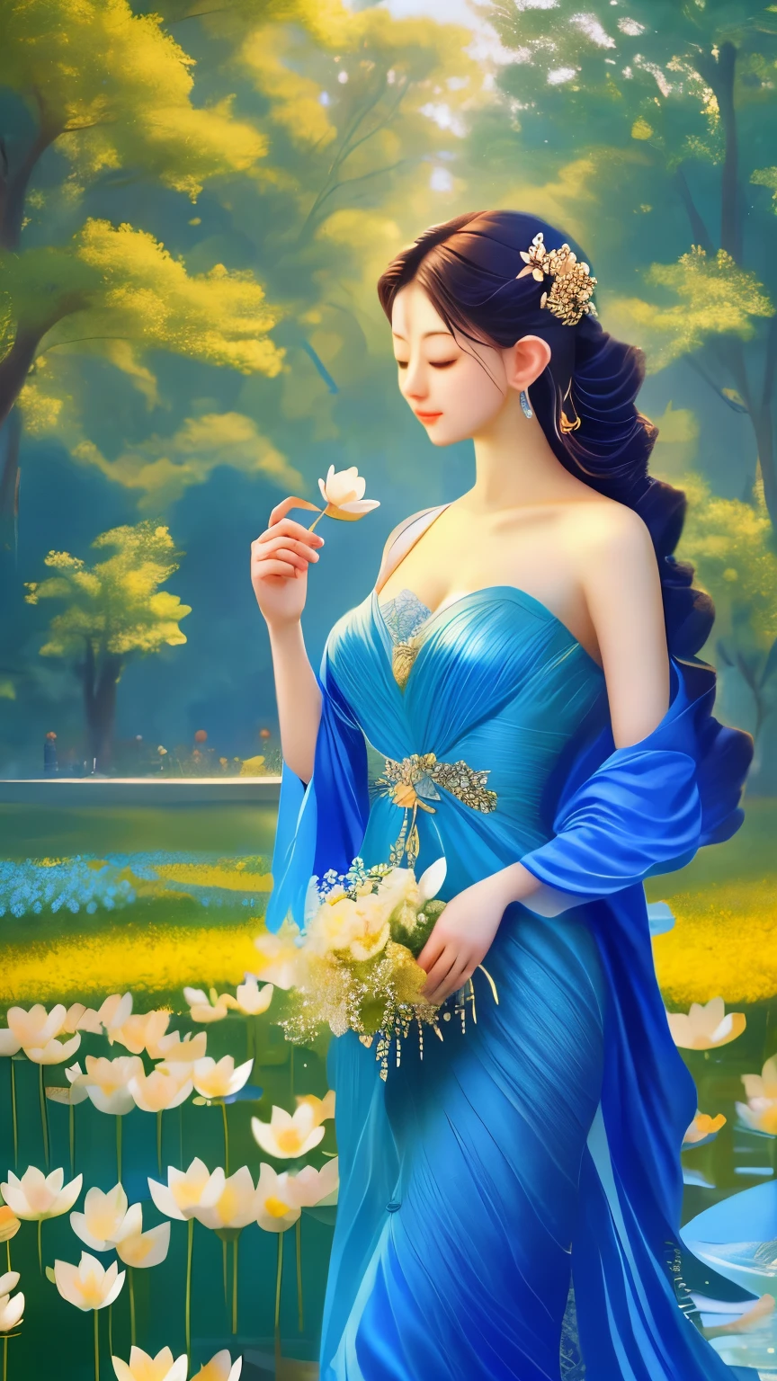 a woman in a blue dress holding a flower in her hand, standing gracefully upon a lotus, by Li Song, flower goddess, by Yu Zhiding, with lotus flowers, a beautiful artwork illustration, exquisite digital illustration, beautiful digital artwork, beautiful digital art, gilded lotus princess, by Lu Guang, beautiful gorgeous digital art