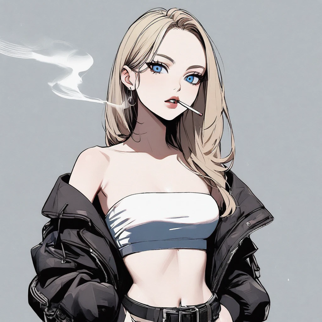 Girl, light blonde hair, blue eyes, strapless pink crop top, brat, smoking