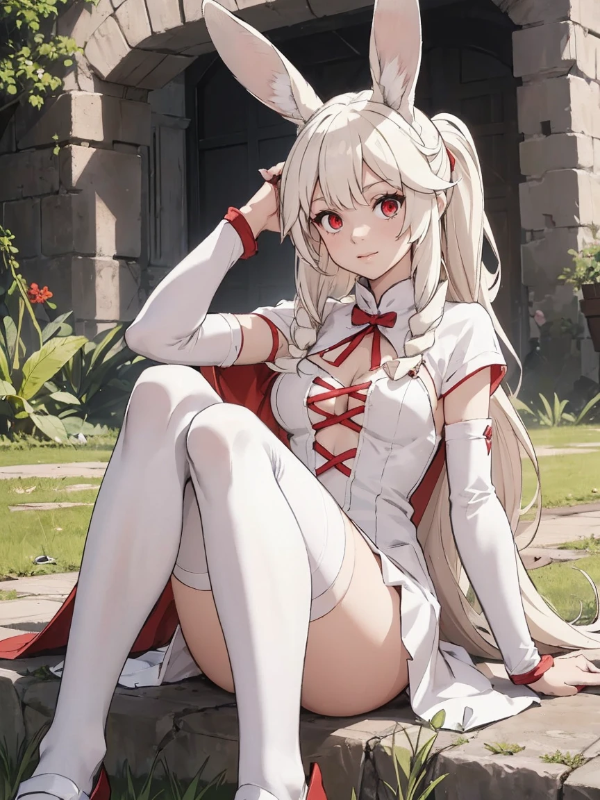 a rabbit girl smilling in the ruins, (rabbit girl)(best quality,high resolution, masterpiece:1.2), female focus, animal ears, furry ears, (one girl:1.5), (free hands), beautiful eyes, (white hair:1), detailed eyes, (rabbit ears), (red eyes:1.2), white cloak, happy, fleshy lips, hair ornament, leather armor, Clothes made of tanned leather, detached sleeves, wrist guard, white thighhighs, shin guards, perfect quality, good quality, masterpiece, (arms crossed1.2), Prepare-se para mergulhar em um mundo onde a beleza e o artesanato se fundem perfeitamente, anatomically correct. ultra nitidez