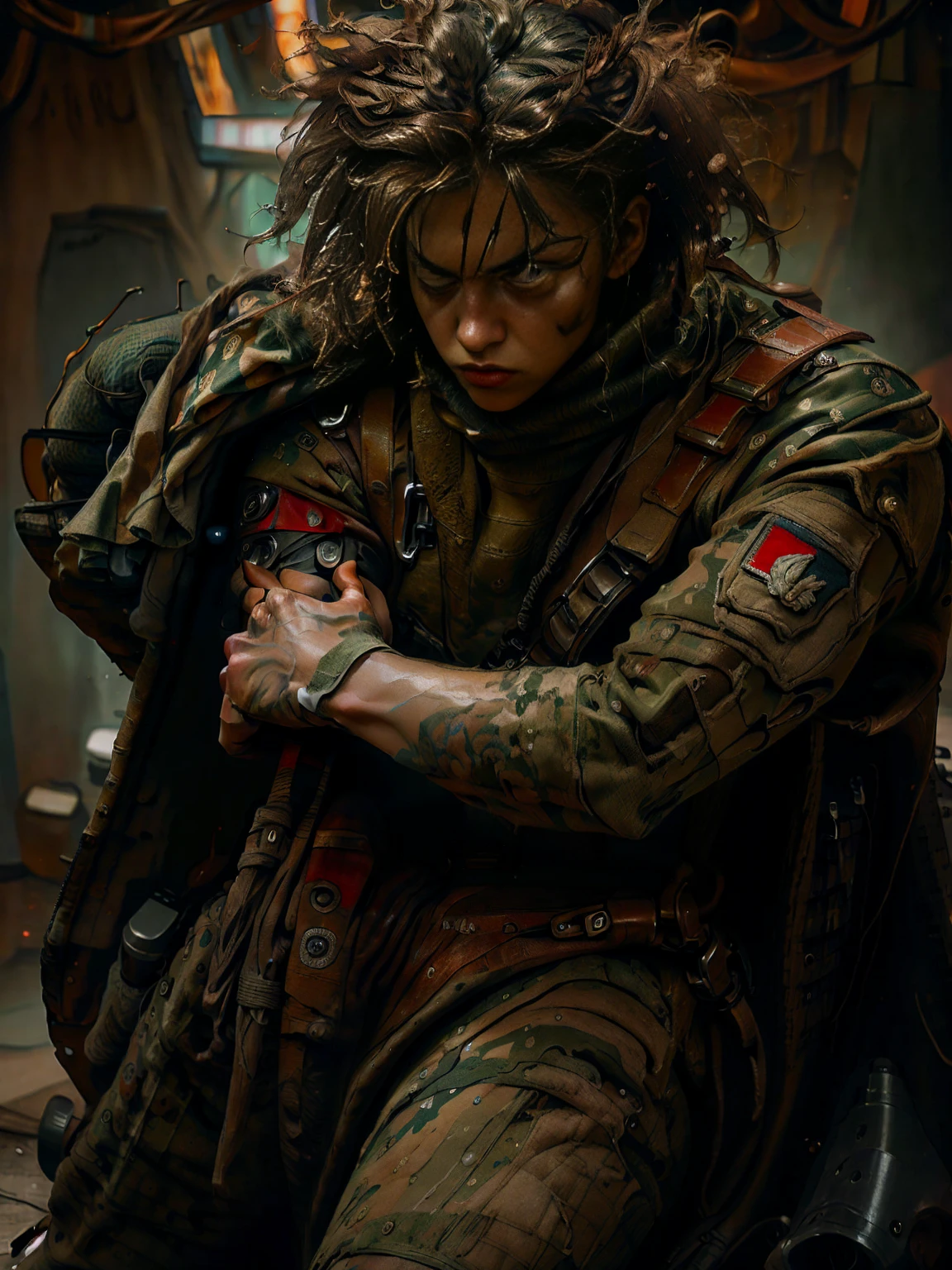 beautiful young woman in tight combat suit:1.3, holding a machine gun, action pose, looking at viewer:1.2, blurred background, gritty photo, HD, 8k, hyper realistic, chiaroscuro lighting, military aesthetics, high-tech weapon, expression intense, muscular build, tactical equipment, cinematic composition