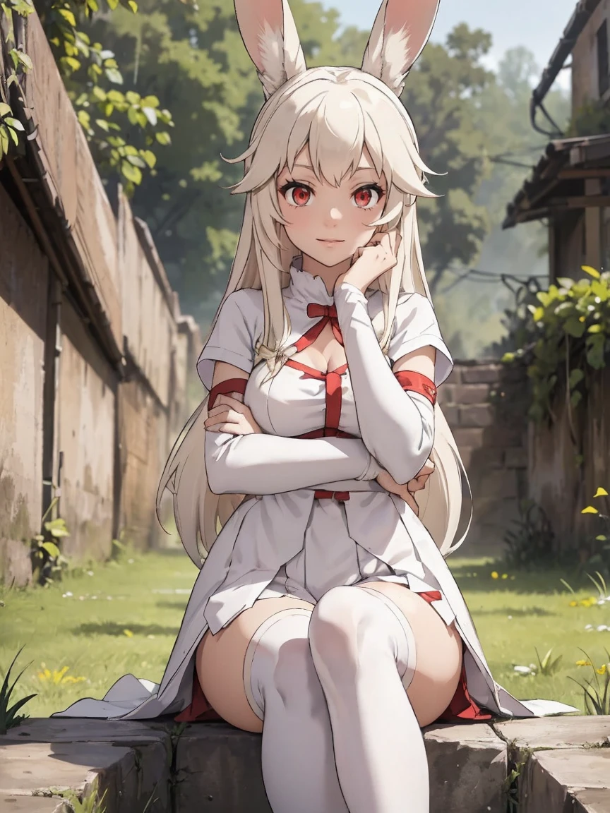 a rabbit girl smilling in the ruins, (rabbit girl)(best quality,high resolution, masterpiece:1.2), female focus, animal ears, furry ears, (one girl:1.5), (free hands), beautiful eyes, (white hair:1), detailed eyes, (rabbit ears), (red eyes:1.2), white cloak, happy, fleshy lips, hair ornament, leather armor, Clothes made of tanned leather, detached sleeves, wrist guard, white thighhighs, shin guards, perfect quality, good quality, masterpiece, (arms crossed1.2), Prepare-se para mergulhar em um mundo onde a beleza e o artesanato se fundem perfeitamente, anatomically correct. ultra nitidez