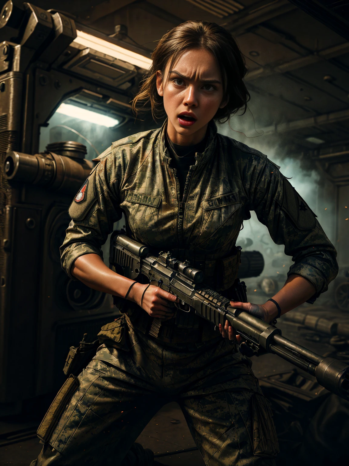 beautiful young woman in tight combat suit:1.3, holding a machine gun, action pose, looking at viewer:1.2, blurred background, gritty photo, HD, 8k, hyper realistic, chiaroscuro lighting, military aesthetics, high-tech weapon, expression intense, muscular build, tactical equipment, cinematic composition