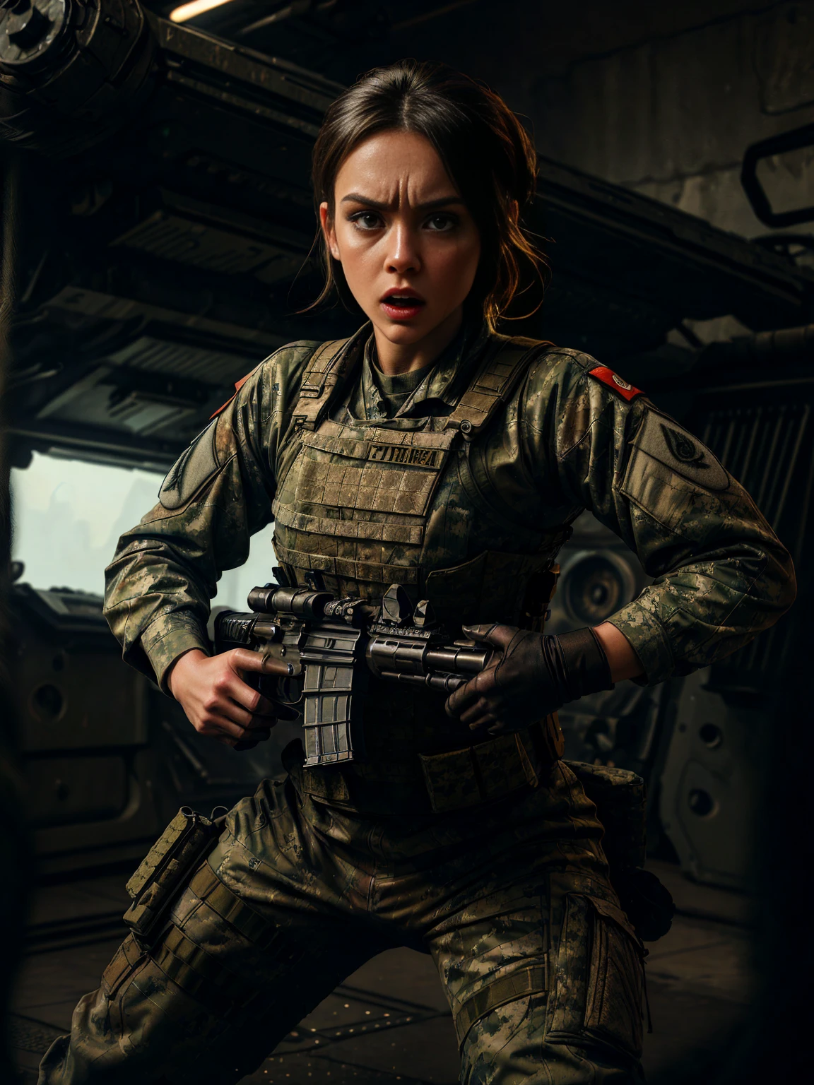 beautiful young woman in tight combat suit:1.3, holding a machine gun, action pose, looking at viewer:1.2, blurred background, gritty photo, HD, 8k, hyper realistic, chiaroscuro lighting, military aesthetics, high-tech weapon, expression intense, muscular build, tactical equipment, cinematic composition