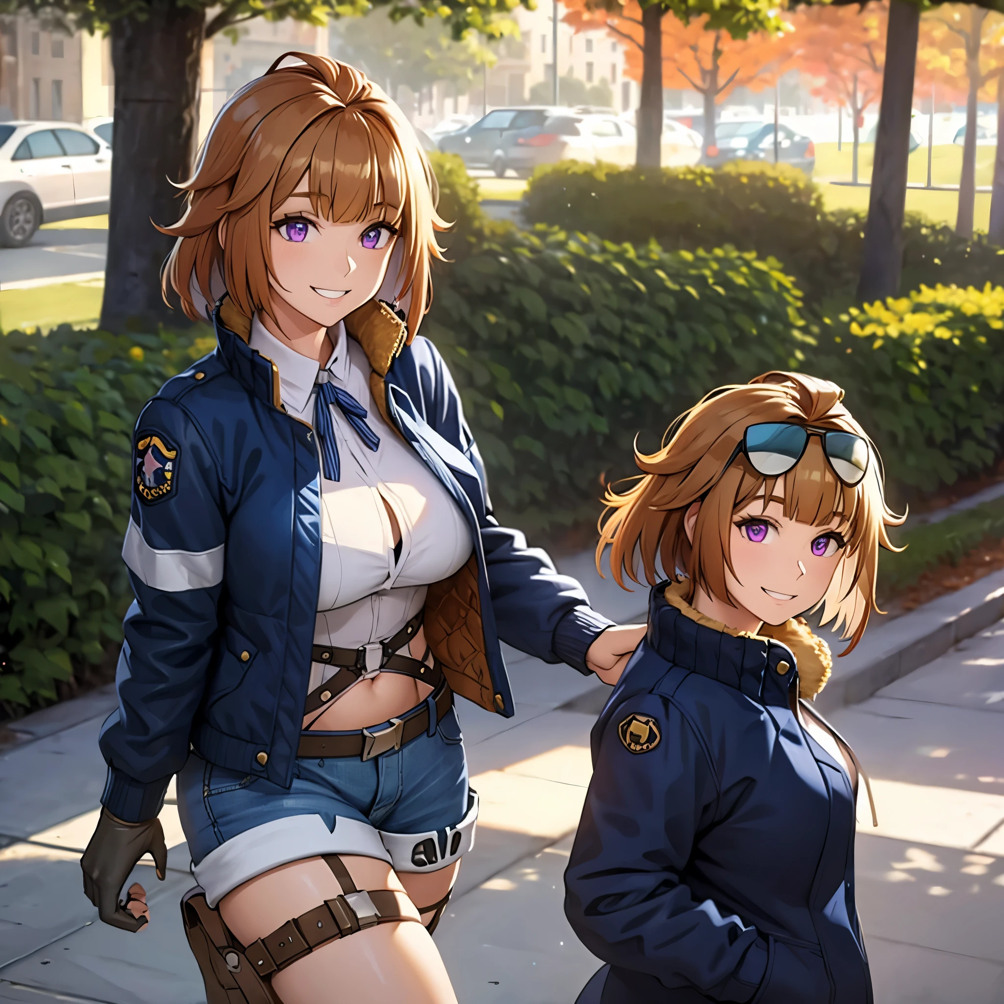 A woman with caramel-colored hair, purple eyes, smiling, wearing a navy blue denim jacket, white shirt, exposed belly, denim shorts, black boots, big breasts, smiling, walking on the sidewalk of a park in the late afternoon.UHD, masterpiece, accurate, anatomically correct, textured skin, super detail, high quality, best quality, 8k, high resolution, bokeh effect.
