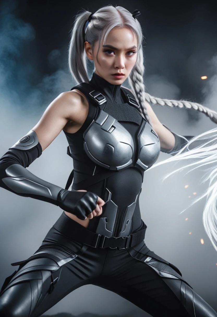 cryptic_g, asian, ((pale skin)), silver hair, twintails, fight stance, fist, braided hair, very long hair, a highly detailed combat suit, thigh suit, long pants, futuristic warrior, epic battle scene, cinematic lighting, dramatic pose, dynamic action, intricate mechanical details, advanced technology, glowing energy effects, volumetric fog, depth of field, cinematic camera angle, hyper-realistic, masterpiece, 8k, photorealistic, ultra-detailed, 