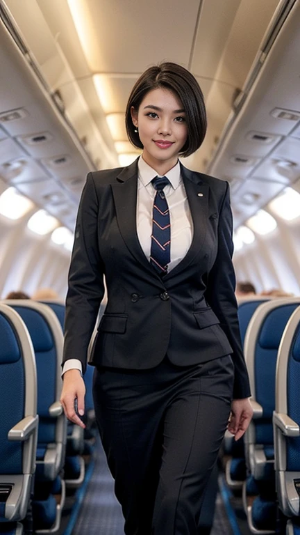 1beautiful womanl, 28years、hyperdetailed face、Detailed lips、A detailed eye、double eyelid、(Black bob hair、Smiling while walking gracefully down the aisle)、(Stewardess uniform:1.2)、((beautiful tie)) (Glamorous body)、(Colossal tits)、((short-cut hair))、（large full breasts）（big butts）（Plump body）（plump body shape）（ large full breasts）（Colossal tits）((J-Cup))、highs thighs thighs thighs, Perfect fit, Perfect image realism, Background with: (Business Class aisle on airplanes:1.2), Cowboy Shot, Meticulous background, detailed costume, Perfect litthing、Hyper-Realism、(Photorealsitic:1.4)、8K maximum resolution, (​masterpiece), ighly detailed, Professional