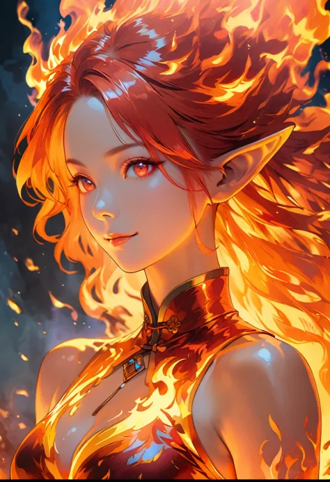 ((half body portrait of a fire elf)), red flowing hair, shiny red eyes,( medium length pointy ears),orange fire around, flaming ...