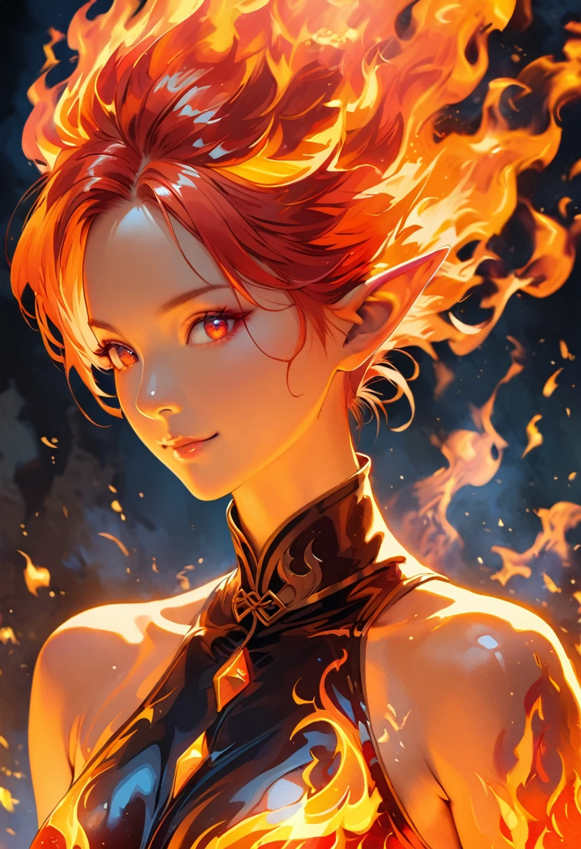 ((half body Portrait of a fire elf)), red flowing hair, shiny red eyes,( medium length pointy ears),orange fire around, flaming theme, burning atmosphere, (detailed sexy Chinese style costume:1.2), red glowing tattoos, orange crystal jewelry, light smile, mature body, colorful ,by Mappa studios,masterpiece,best quality,official art,illustration,ligne claire,(cool_color),perfect composition,absurdres, fantasy,focused,rule of third, close up portrait 