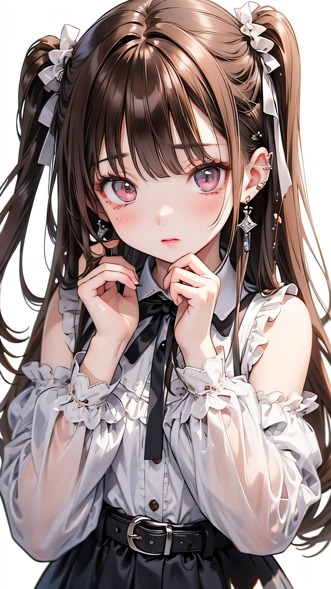 (One girl), masterpiece, highest quality, Ultra-fine illustrations, Very cute girl, Highly detailed beautiful face, View Viewer, One girl, belt, close, View Viewer, 4K, High resolution, ribbon, A wild misunderstanding, blush, throw, Twin tail hair, White Background, Simple Background, Thick outline, Purple eyes, (sleep), Brown Hair, Little, love expression,  ((Brown Hair)), (Blood),