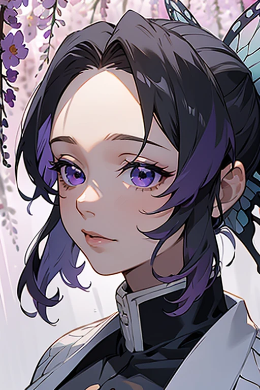 Ultra-realistic 8K CG，tmasterpiece，（（Ultra detailed backgrounds，delicate patterns，Best intricate and detailed quality，very vey very detailed face，extremely detailed eye and face，Very detailed eyes，kochou shinobu，O cabelo multicolorido，No bangs，Hair intake，Purple Eye，Forehead，Black shirt，Black pantsuit，haori，butterflys，Strip strip，（Torpical Garden：1.2），purple flower，Mostly cloudy sky，rays of sunshine，Tindall Effect，gradient_skyporn，faces，Beautiful sky，Saber on the waist，enchanting posture，full bodyesbian、（onepiece:1.5)、perfect hands perfect fingers perfect breasts perfect hair perfect face perfect body