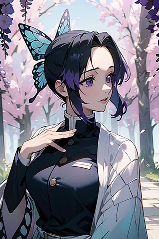 Ultra-realistic 8K CG，tmasterpiece，（（Ultra detailed backgrounds，delicate patterns，Best intricate and detailed quality，very vey very detailed face，extremely detailed eye and face，Very detailed eyes，kochou shinobu，O cabelo multicolorido，No bangs，Hair intake，Purple Eye，Forehead，Black shirt，Black pantsuit，haori，butterflys，Strip strip，（Torpical Garden：1.2），purple flower，Mostly cloudy sky，rays of sunshine，Tindall Effect，gradient_skyporn，faces，Beautiful sky，Saber on the waist，enchanting posture，full bodyesbian、（onepiece:1.5)、perfect hands perfect fingers perfect breasts perfect hair perfect face perfect body