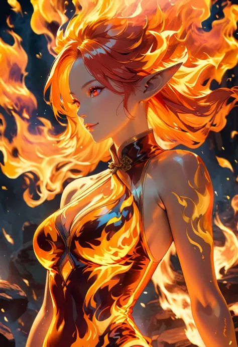 ((complete body image of a fire elf)), red flowing hair, shiny red eyes,( medium length pointy ears),orange fire around, flaming...