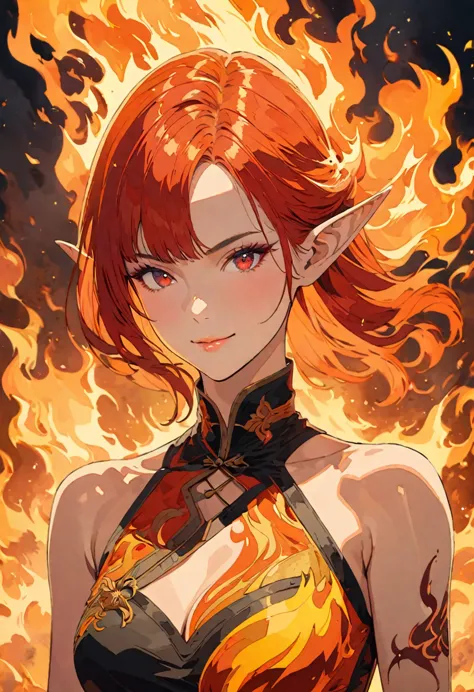 ((complete body image of a fire elf)), q standing elf, red flowing hair, shiny red eyes,( medium length pointy ears),orange fire...