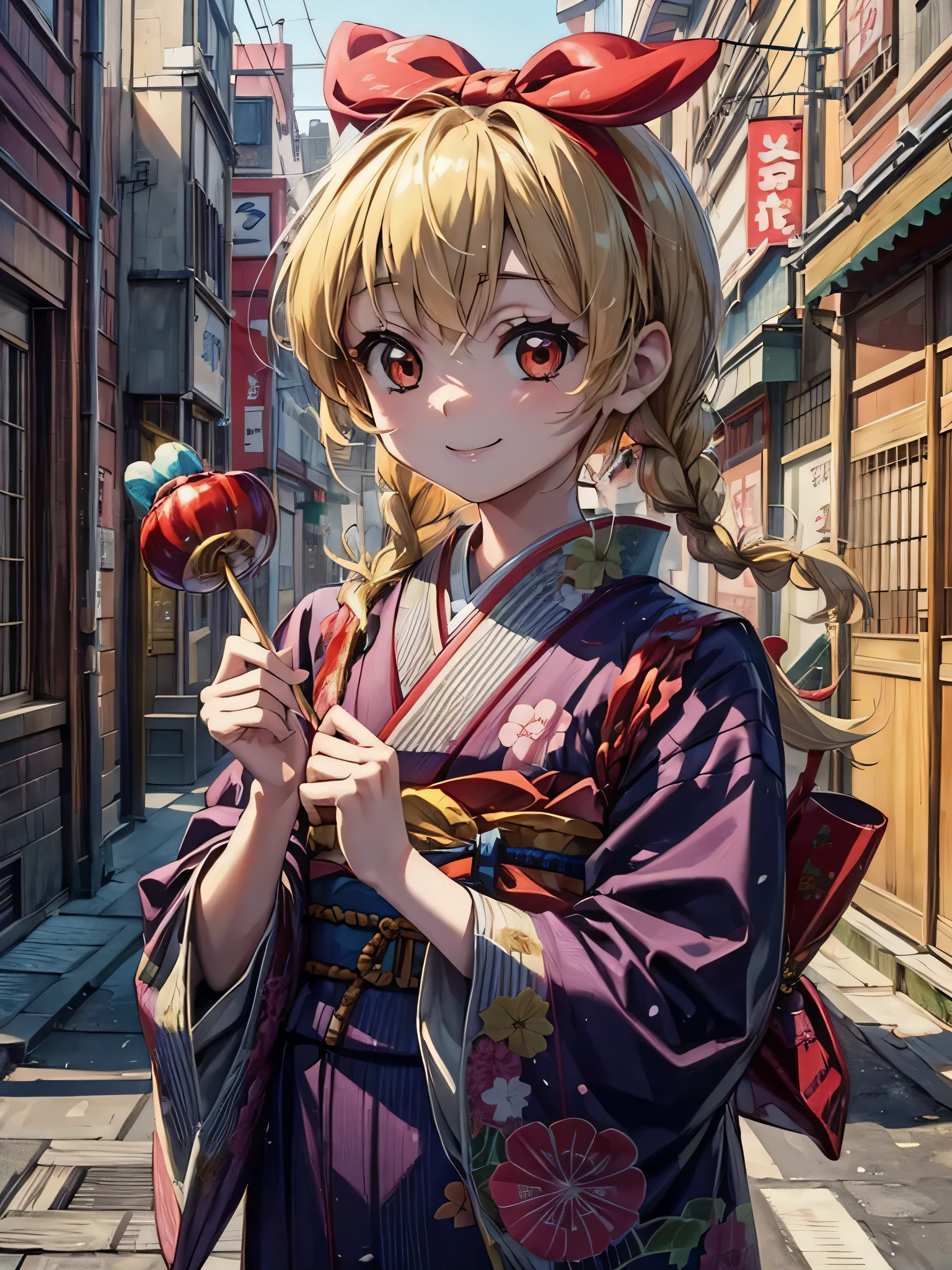 süßes japanisches Anime-Mädchen mit Bär und Zuckerstange, 1 Mädchen, Blondes Haar, japanische kleidung, twin flechtens, Kimono, Essen, lächeln, Maske, flechten, Maske on head, Allein, kandierter Apfel