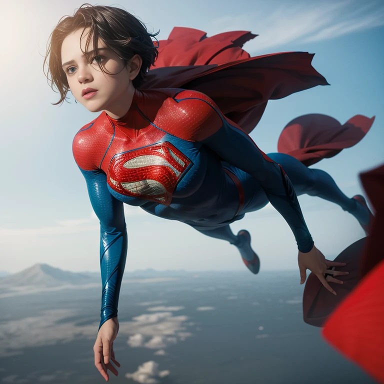 solo, 1girl, 5uper, supergirl, black hair, pixie haircut, blue eyes, blue bodysuit, long sleeves, red cape, floating down towards earth