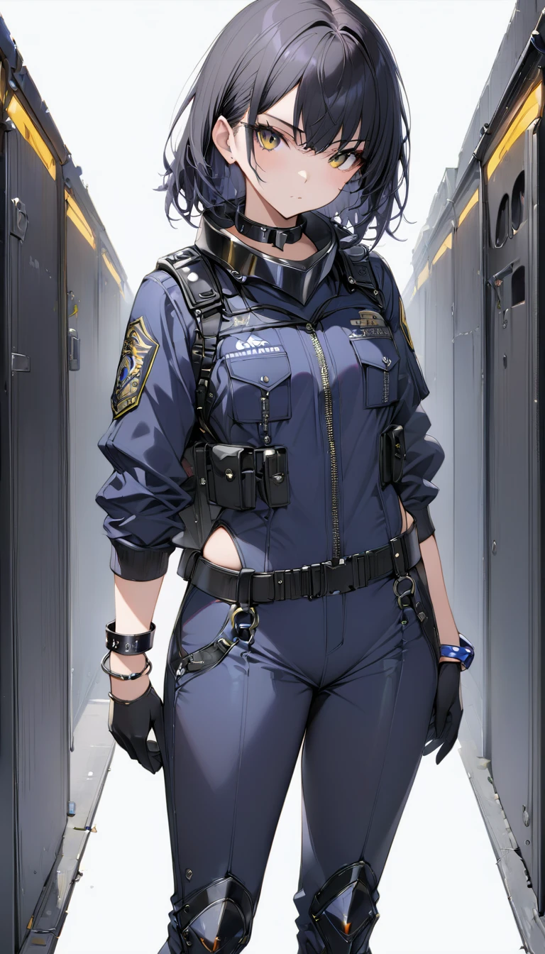 1 young cool girl, solo,look at the camera,wear police suit,extremely detailed CG unity 8k wallpaper,illustration,lens 135mm,masterpiece,(bracelet:1.3),(metal collar:1.3),white background,masterpiece,bestquality,masterpiece,best eyes,Standing, black quality,black_hair, masterpiece,best quality,dark persona,masterpiece,best quality,