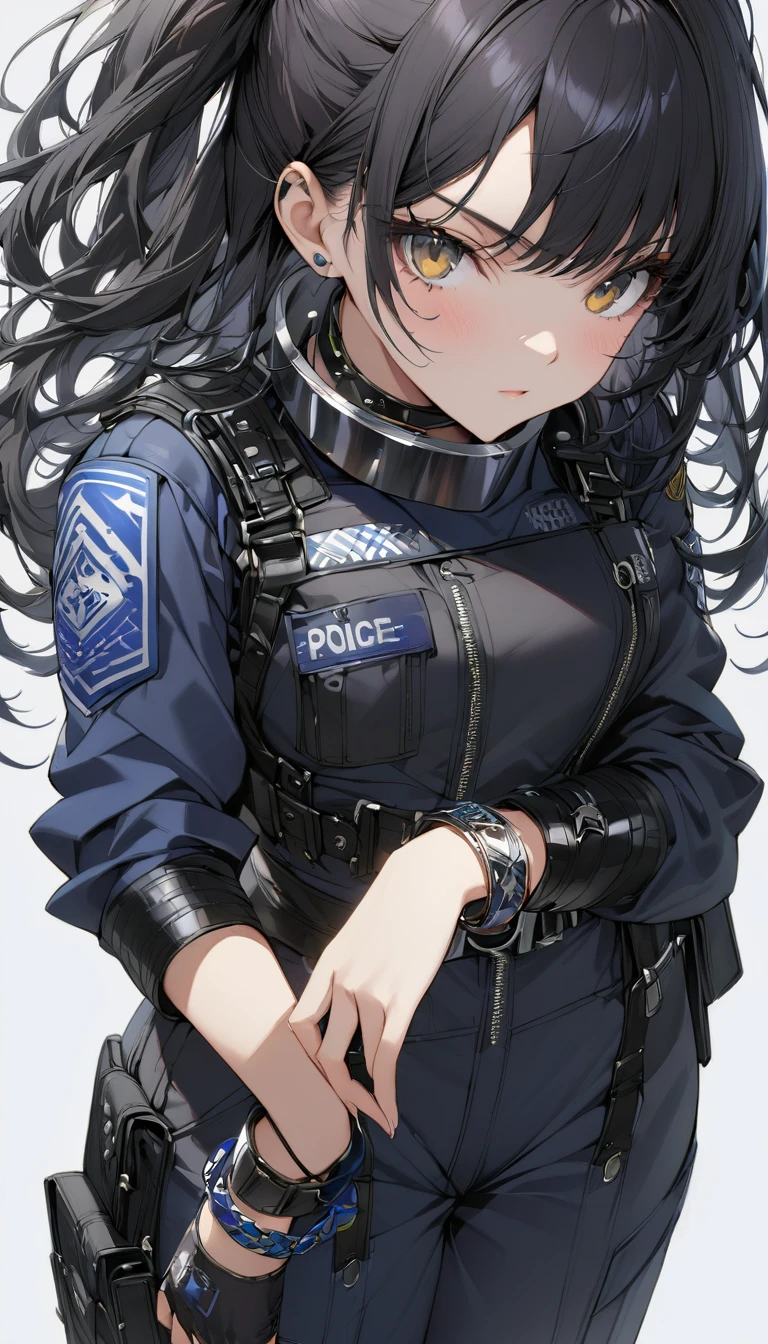 1 young cool girl, solo,look at the camera,wear police suit,extremely detailed CG unity 8k wallpaper,illustration,lens 135mm,masterpiece,(bracelet:1.3),(metal collar:1.3),white background,masterpiece,bestquality,masterpiece,best eyes,Standing, black quality,black_hair, masterpiece,best quality,dark persona,masterpiece,best quality,