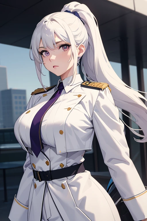 masterpiece, best quality, woman, folded ponytail, (white long coat), coat on shoulders,white navy soldier uniform ,(epaulettes), purple shirt, blue pants, upper body, looking at viewer, large breasts ,(hd), (full body shot), (high resolution)