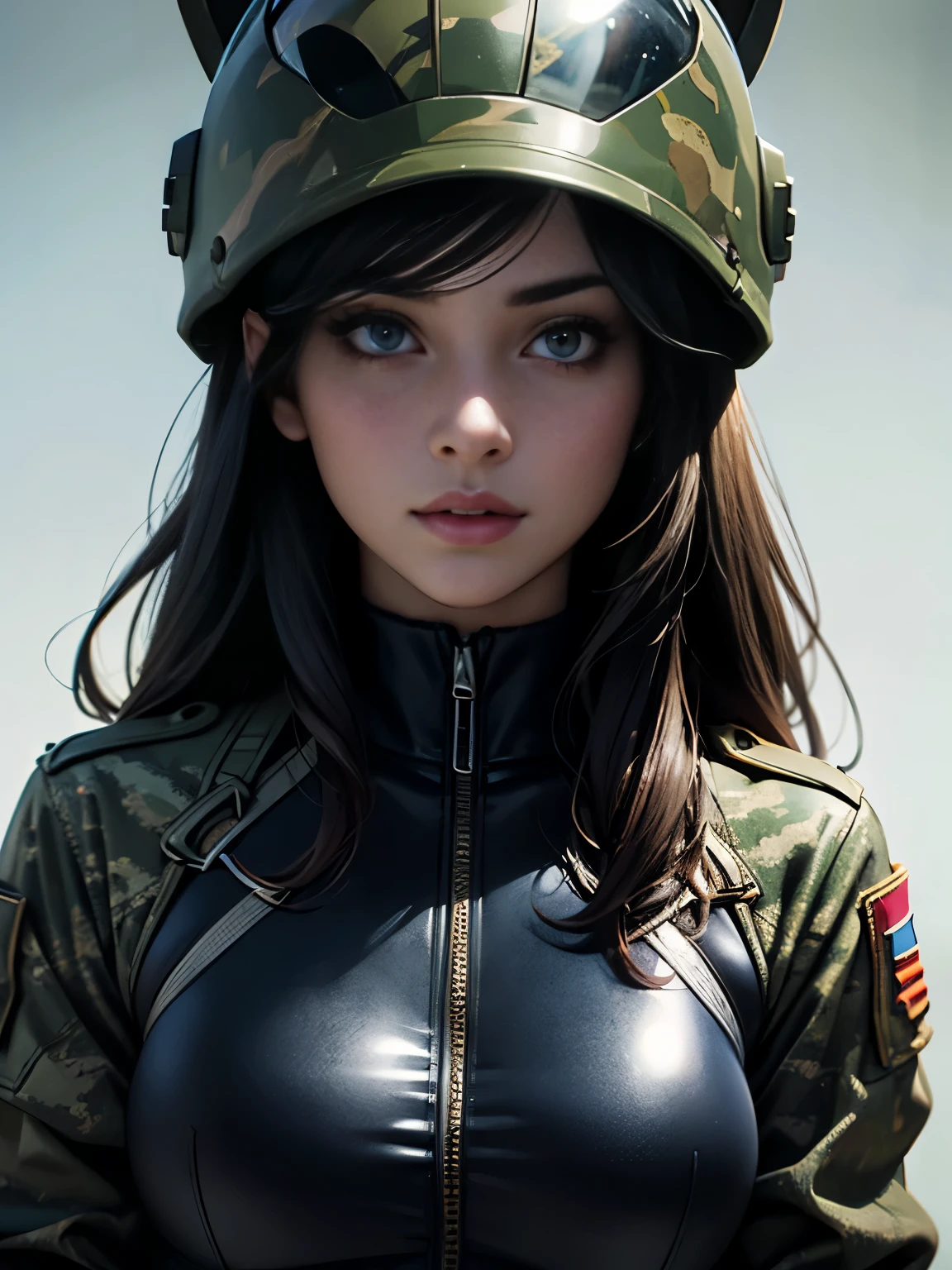 A stunningly beautiful woman in a camouflage swimsuit-like combat uniform、Equipment、Helmet、Very detailedな顔の特徴、Detailed eyes and lips、Long eyelashes、Beautiful and intricate garment details、Very detailed、Ultra-realistic、4k、8k、Photorealistic、masterpiece、Cinematic lighting、Dramatic Shadows、Bright colors、Military Style、Concept Art