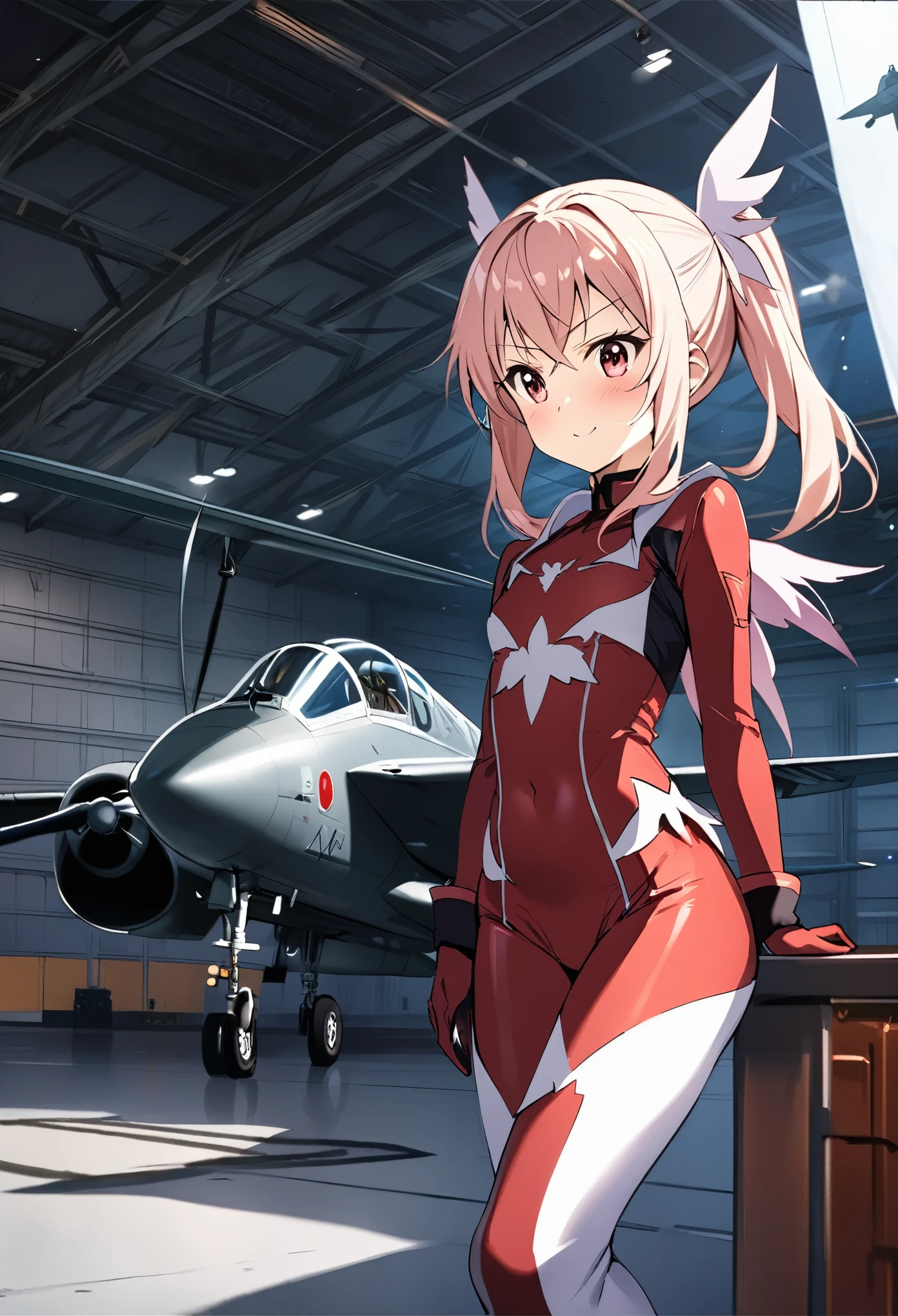 (((Pièce maîtresse de la plus haute qualité Fate kaleid liner Prisma Illya ))),(((Combinaison pilote serrée))),1 femme,(Pilote vétéran),Expression digne,(((hangar de chasse))),